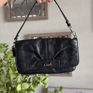 Coach Ashley pleated black leather wristlet clutch purse.